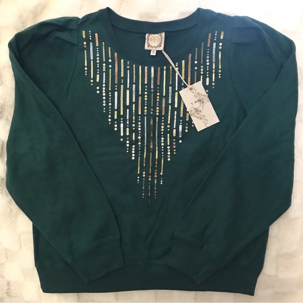 NEW ~ Tru Self Evergreen w/ Gold & Silver Sequins Top